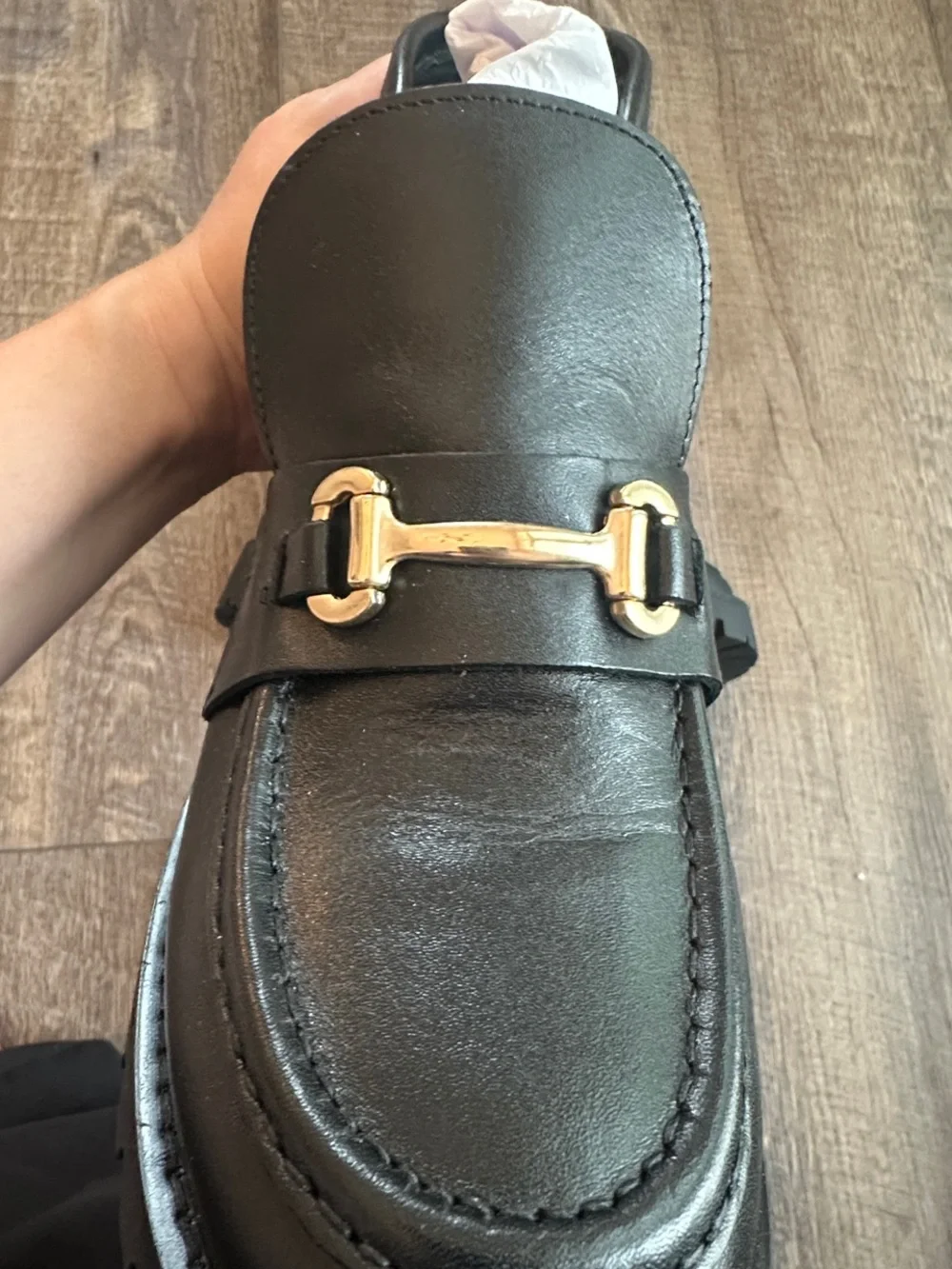 Steve Madden Black Leather Ankle Loafers with Gold Hardware